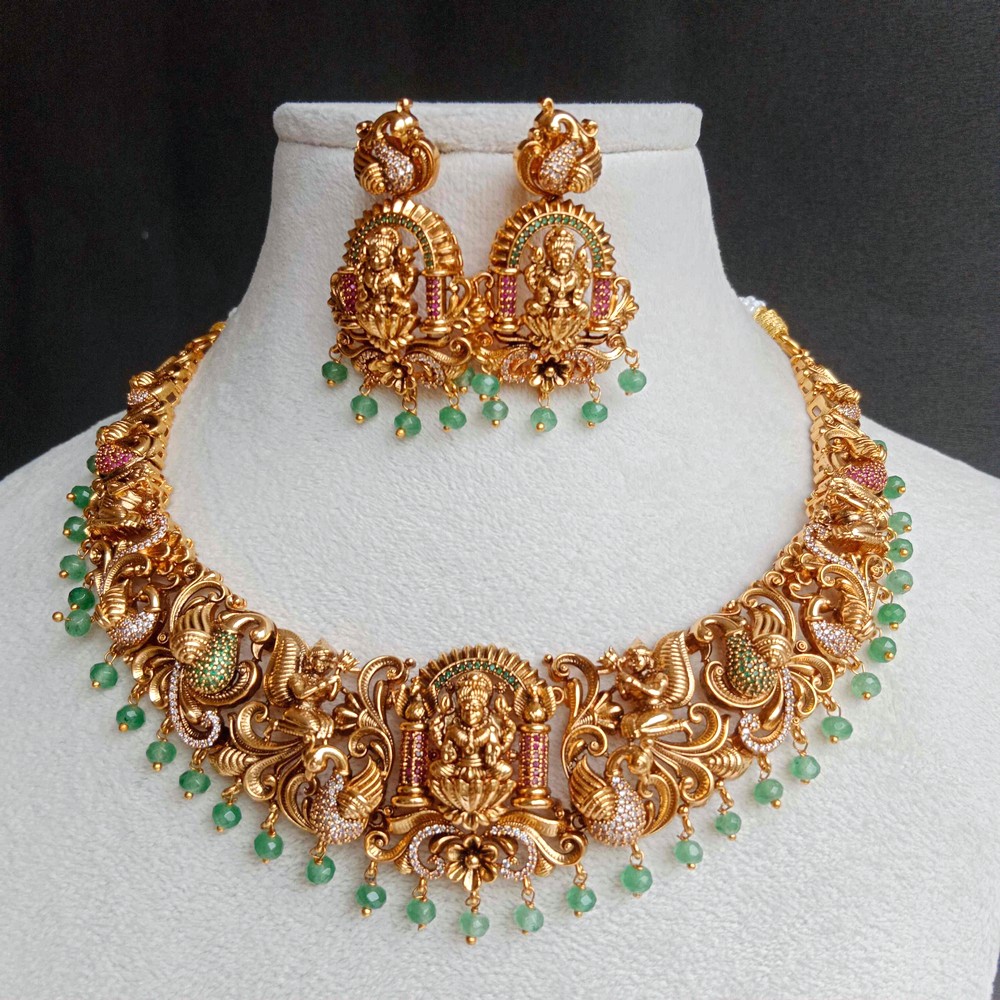 Handmade Brass Metal Jewellery Lakshmi Green Necklace Set